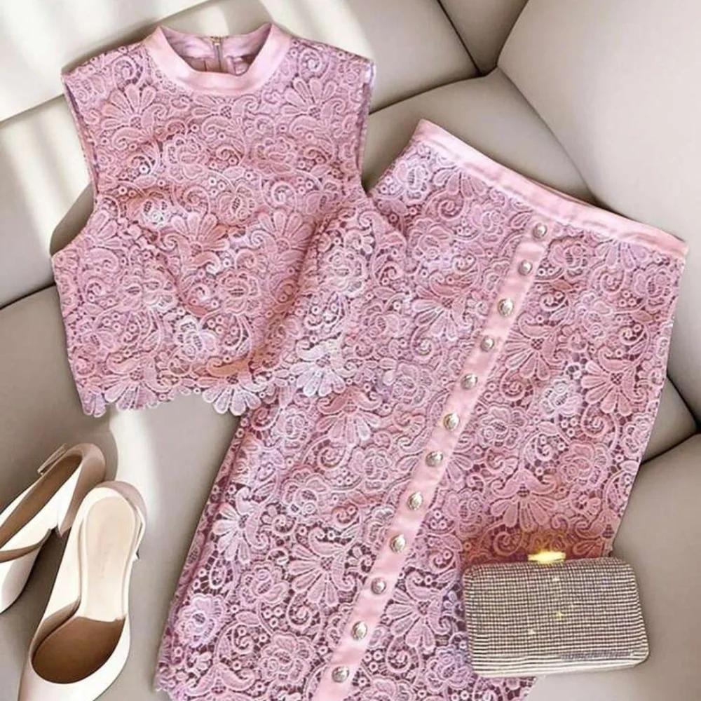 SHEIN Pink Floral Lace Two-Piece Crop Top & Midi Skirt Set Size XL / US 12.